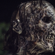 A close-up of the rotting, eyeless, noseless head of a zombie.